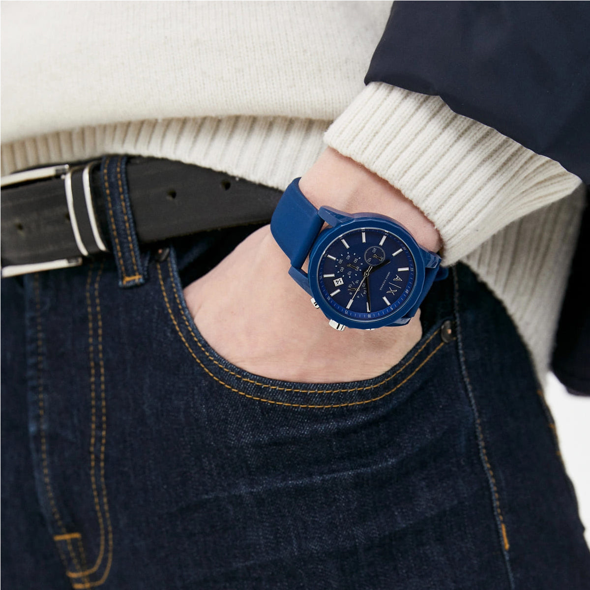 Men's Armani Exchange Outerbanks Chronograph Watch AX1327 – Blue Dial with Blue Silicone Strap