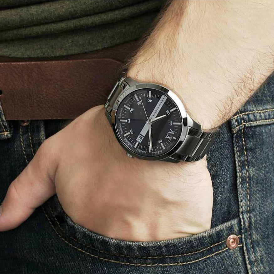 Armani Exchange Hampton AX2103 Men's Chronograph Watch – Black Dial with Silver-Tone Stainless Steel Strap