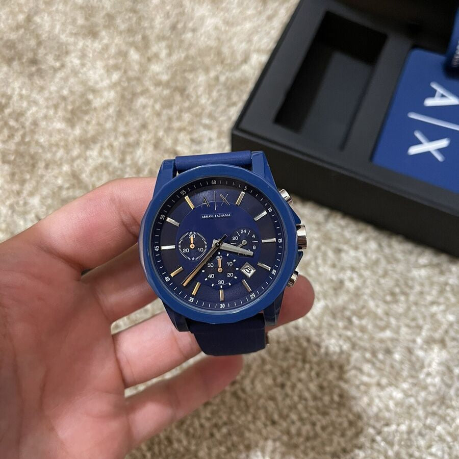 Men's Armani Exchange Outerbanks Chronograph Watch AX1327 – Blue Dial with Blue Silicone Strap